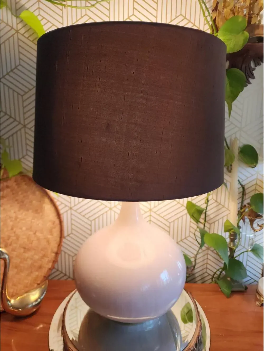 Vintage Large Pink Ceramic Table Lamp With Drum Shade And Ceramic Finial